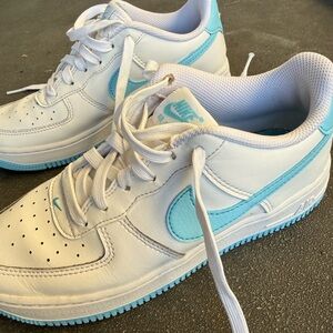 Nike Air Force 1 White and Sky Blue Athletic Shoes 4Y